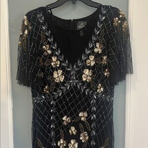 Adrianna Papell Black Gown with Metallic Embroidery